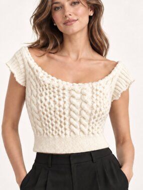 All Saints 100% Cashmere Off Shoulder Cable Knit Crop Sweater Cream Ivory